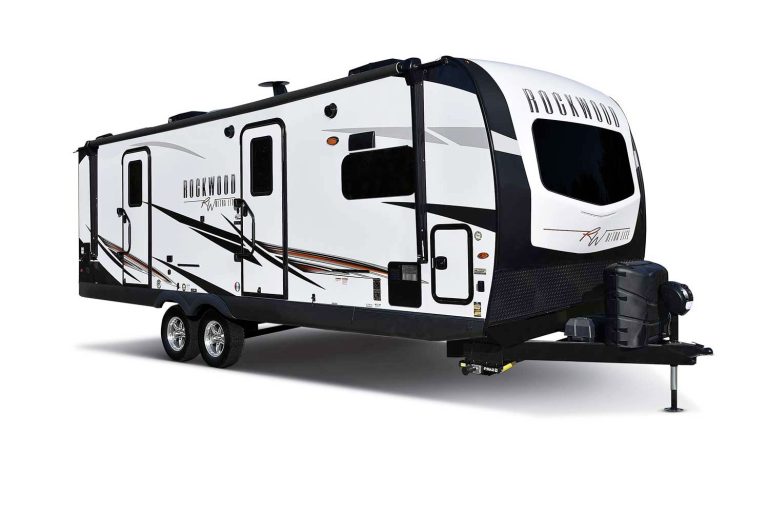 rockwood ultra lite travel trailer exterior in white 2022
